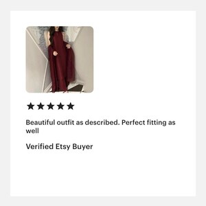 May include: A burgundy formal outfit, including a sleeveless top and matching pants, is shown in a customer review. The review includes a five-star rating and text that reads, "Beautiful outfit as described. Perfect fitting as well. Verified Etsy Buyer."