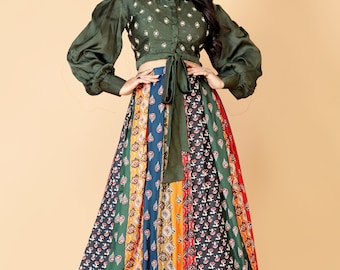 Gedrucktes Rock-Set für Frauen - Indo Western Festliches Outfit mit Crop Top, Statement Ethnic Wear
