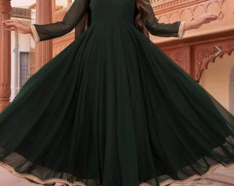 Georgette Green Anarkali Dress Partywear: Wedding Salwar Kameez Readymade