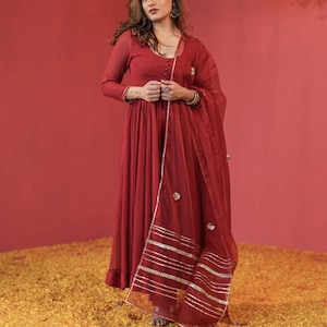 Red Georgette Anarkali Suit Readymade: Party Wear Salwar Kameez, Gota Detailing