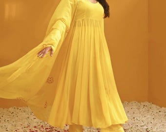 Yellow Georgette Anarkali Suit: Pakistani Salwar Kameez, Haldi Outfit