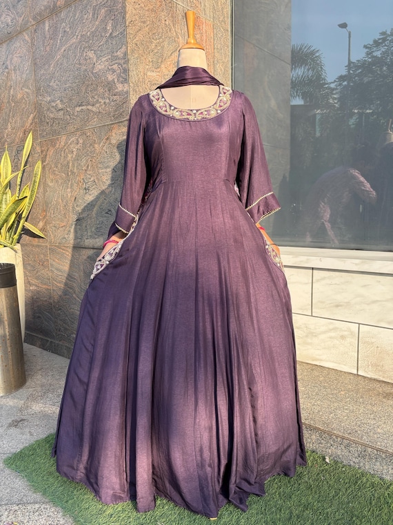 Handmade Silk Anarkali Suit: Embroidered Bridesmaid Outfit with Pockets Handmade Silk Anarkali Suit: Embroidered Bridesmaid Outfit with Pockets