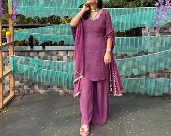 Hand Embroidered Indian Sharara Suits For Women, Readymade Salwar Kameez With Dupatta