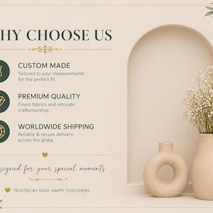 May include: A beige-toned advertisement with text that reads "WHY CHOOSE US." The text highlights custom-made products, premium quality, and worldwide shipping. Two beige vases and a floral arrangement are on the right side of the image.
