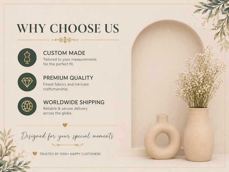 May include: A beige-toned advertisement with text that reads "WHY CHOOSE US." The text highlights custom-made products, premium quality, and worldwide shipping. Two beige vases and a floral arrangement are on the right side of the image.
