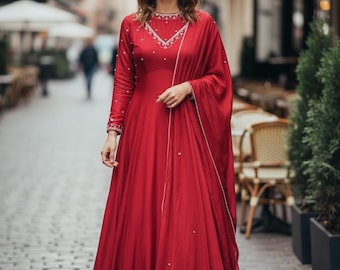 Red Silk Anarkali Gown Partywear:, Plus Size Salwar Kameez