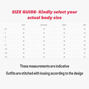May include: Size guide chart for clothing with columns for bust, mid waist, waist, and hips. The chart lists sizes from XS to 4XL with corresponding measurements in inches.