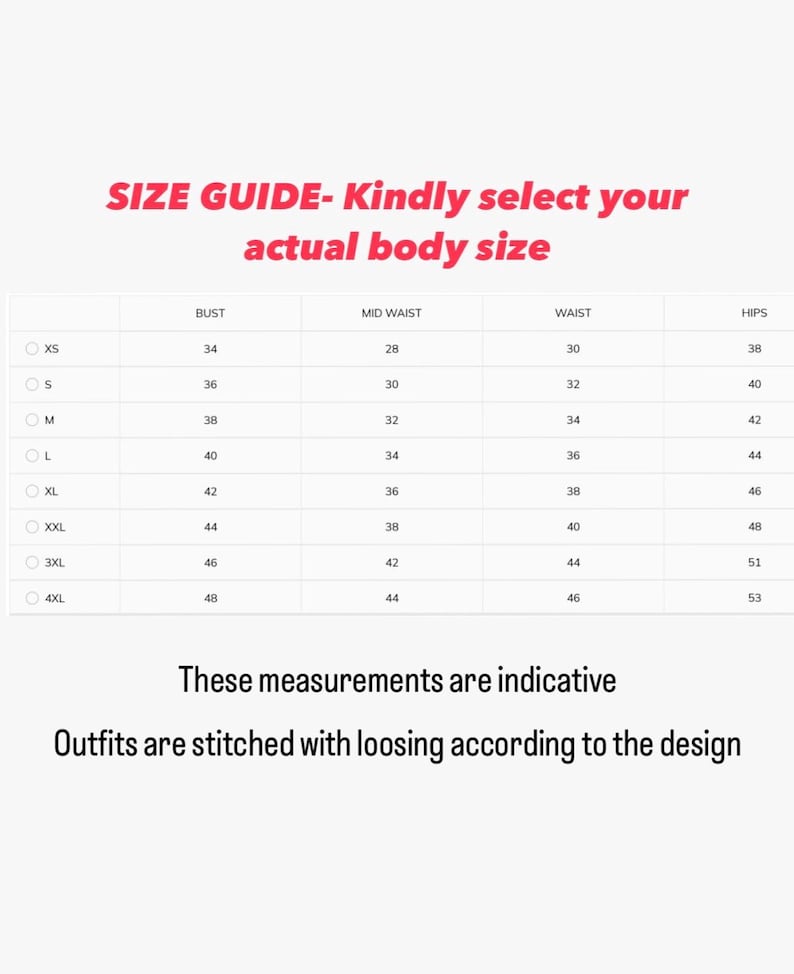 May include: Size guide chart for clothing with columns for bust, mid waist, waist, and hips. The chart lists sizes from XS to 4XL with corresponding measurements in inches.