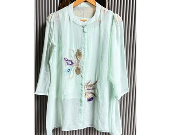 Hand Embroidered Tunic Top: Viscose Organza Kurti, Collared Shirt