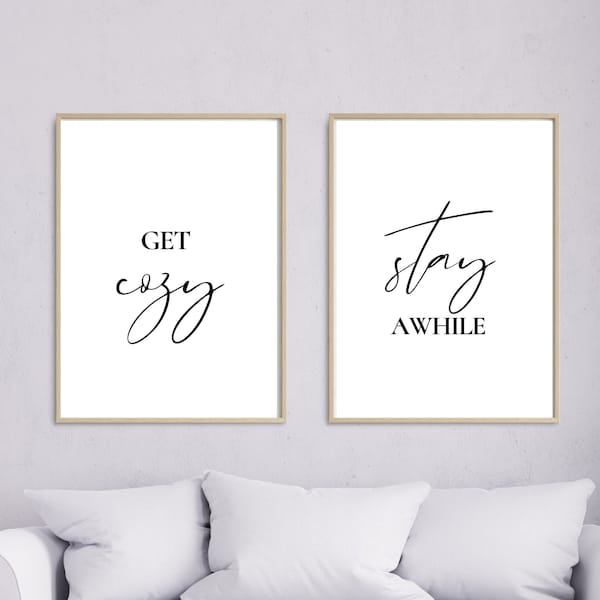 Guest Room Prints, Get Cozy, Stay Awhile, Bedroom Decor, Guest room wall art set of 2, Guest room Decor, Printable poster, INSTANT DOWNLOAD