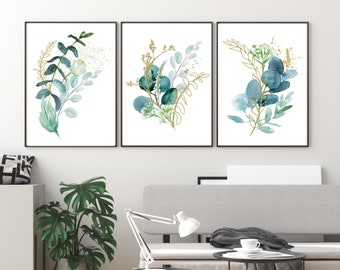 EUCALYPTUS Prints set of 3 prints gold and blue greenery bedroom wall decor living room printable wall art botanical set, INSTANT DOWNLOAD