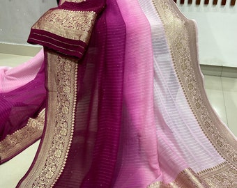 Pure khaddi Georgette saree with allover sequence embroidered sabyasachi style party wear saree attached with running blouse piece