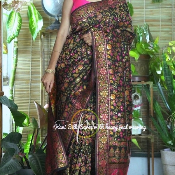 Kani silk Saree woven in multicolours woolen thread, emblished with multi colour thread weaving work for any party and wedding