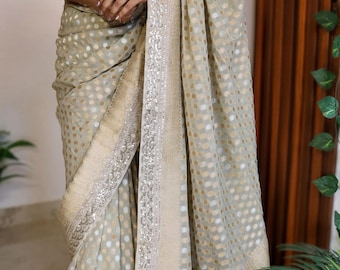 Banarasi Khadi Georgette Saree: Heavy Zari Buti Weaving, Kanchi Border