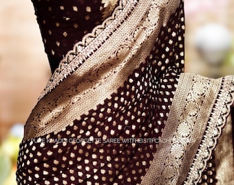 Black Banarasi Khadi Georgette Saree: Heavy Zari Buti Weaving, Kanchi Border