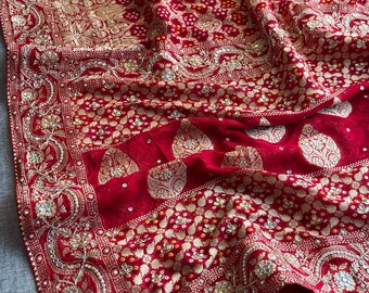 Red Banarasi Khadi Georgette Saree: Zari Bandhani Gotapatti Weaving