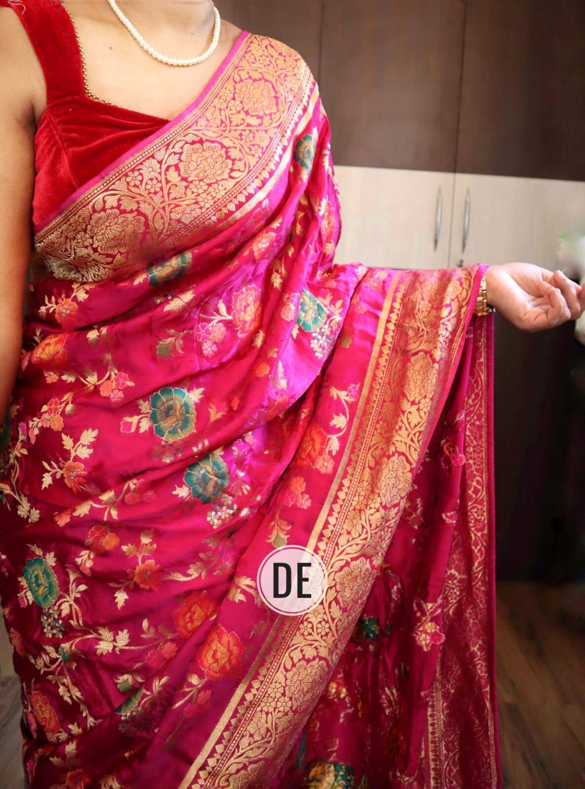 banarasi silk neem zari weaving on satin silk saree with embossed velvet floral weaving party wear saree| neem zari weaving| satin silk
