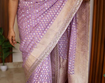 Banarasi Khadi Georgette Saree: Heavy Zari Buti Weaving, Kanchi Border