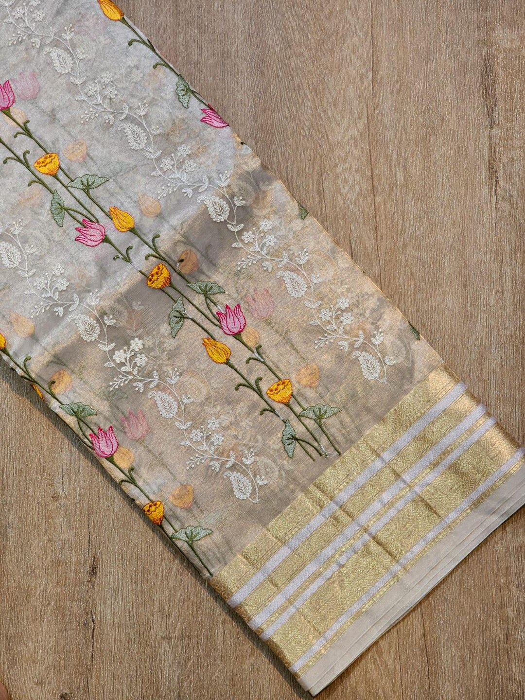 Handloom styled Silk Pichwai Saree with Woven Border and Contrast Blouse