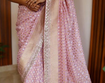 Banarasi Khadi Georgette Saree: Heavy Zari Buti Weaving, Kanchi Border