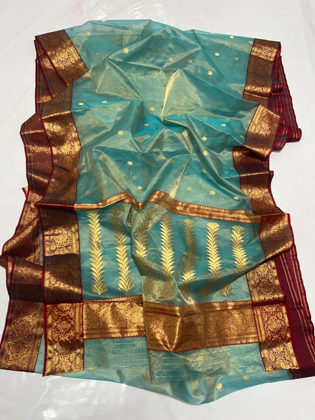 Blue - 3pc Handloom Nakshi Zari Unstitched Chanderi Silk Dress Material 05