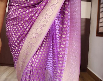 Banarasi Khadi Georgette Saree: Heavy Zari Buti Weaving, Kanchi Border