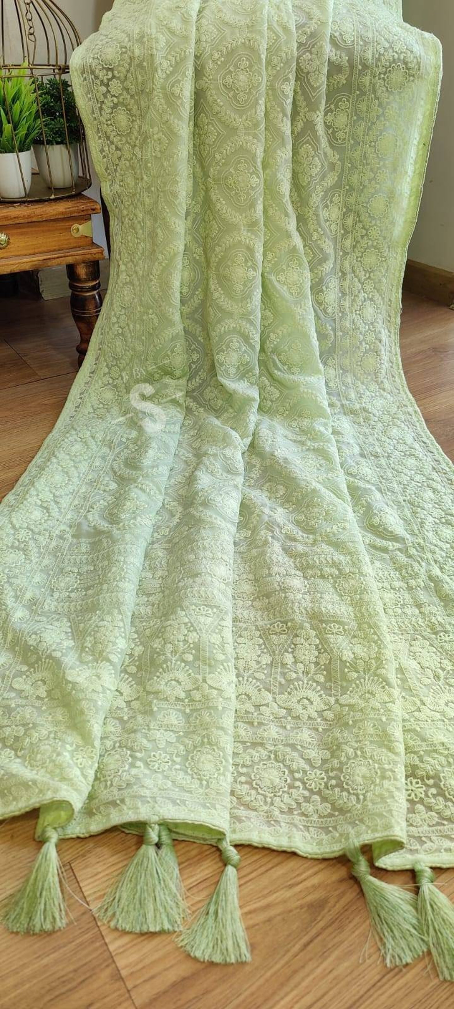 Baby Pink Georgette Chikankari Saree With Unstitched Blouse