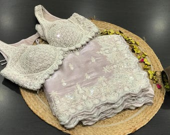 チノンシフォンシルクサリー、精巧なパール、ホワイトカットダナ、スパンコール刺繍
