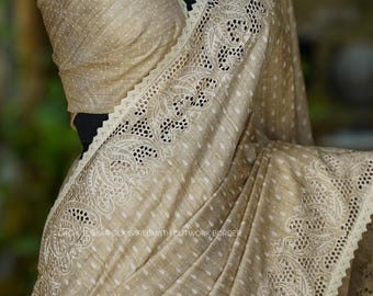 Tussar Silk Saree: Cutwork Embroidered Border, Pearl Finish