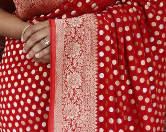 Banarasi Khadi Georgette Saree: Heavy Zari Buti Weaving, Kanchi Border