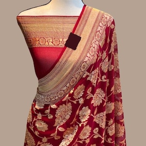Banarasi Khaddi Georgette Saree: Silver Zari Meenakari Floral Design