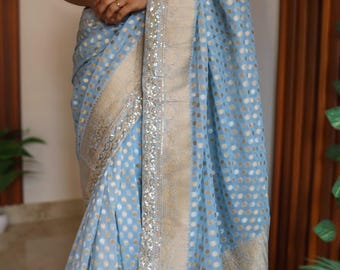 Banarasi Khadi Georgette Saree: Heavy Zari Buti Weaving, Kanchi Border