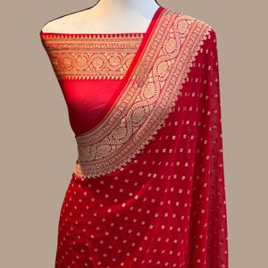 Banarasi Khaddi Georgette Saree: Zari Buta Floral Border