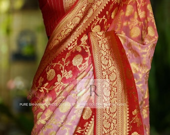 Banarasi Khaddi Georgette Saree: Zari Flower Weaving, Brocade Border