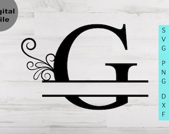 May include: Black and white monogram letter G with a decorative flourish and a horizontal line below the letter. The letter is on a white wood background. SVG, PNG, DXF file types are listed on the right side of the image.