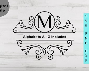 May include: Black monogram design with the letter "M" inside a circle, surrounded by decorative flourishes. The text "Alphabets A - Z included" is below. The words "Digital File" are in the upper left corner.