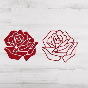 May include: Two line drawings of a rose, one in red and one in white. The roses are stylised and have a simple design.