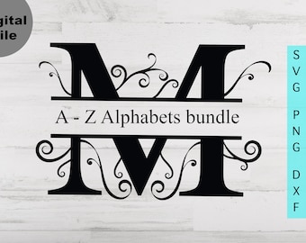 花柄分割モノグラムフレームSVG、分割アルファベット文字SVG/PNG/DXFファイル、渦巻き模様のアルファベットモノグラムファイル（Cricut用）、即時ダウンロード