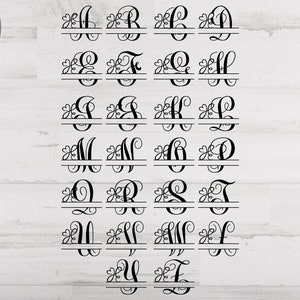 May include: A set of 26 split monogram letters with a clover design. The letters are in a cursive font and are separated by a horizontal line. The letters are in black and white.