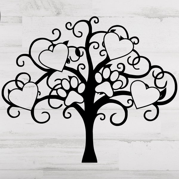 Family Tree 4 Hearts and 2 Paws Svg, Family Heart Tree Svg/png/dxf file, Family reunion svg file for Circut, Pet Family Tree SVG File