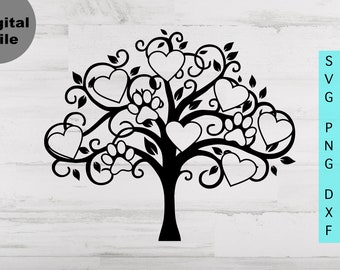 Family Tree 7 Hearts and 3 Paws Svg, Family Heart Tree Svg/png/dxf file, Family reunion svg file for Circut, Pet Family Tree SVG File