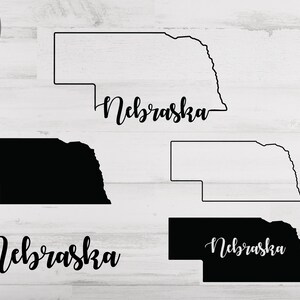 May include: A digital file download of an outline and filled-in silhouette of the state of Nebraska with the word "Nebraska" written in cursive below. The file is available in SVG, PNG, DXF, and JPG formats.
