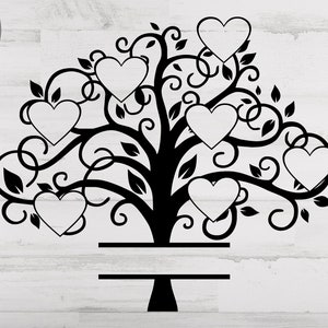 Puede incluir: Silueta en blanco y negro de un árbol genealógico con corazones como hojas. El árbol tiene un solo tronco y una base con espacio para un nombre. Los corazones están en blanco para agregar nombres o fotos.