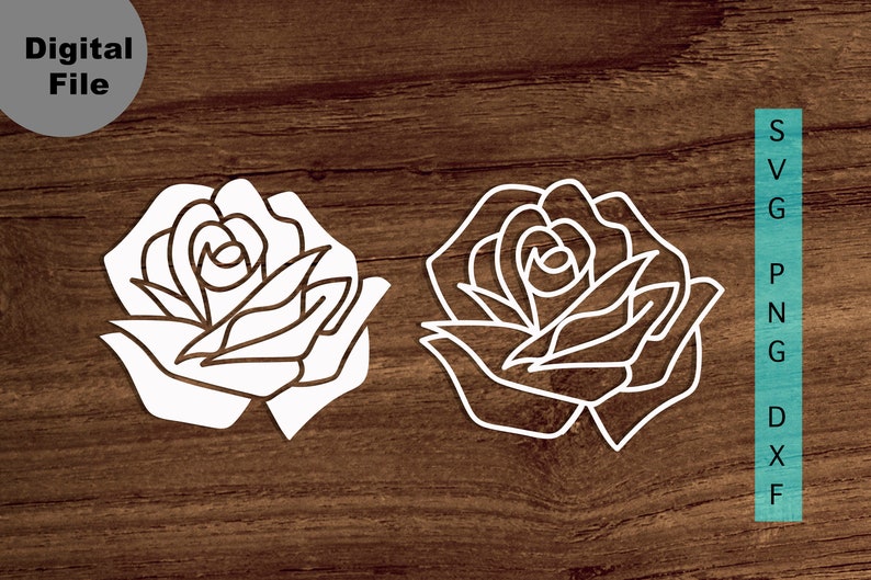 May include: Two white outline drawings of roses on a brown wood background. The roses are facing the same direction and have a similar design.