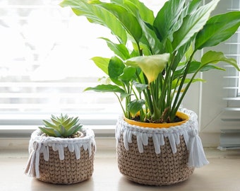Crocheted knitted basket Crochet plant basket Crochet flower pot Knit storage basket Set of 2 basket Home decor