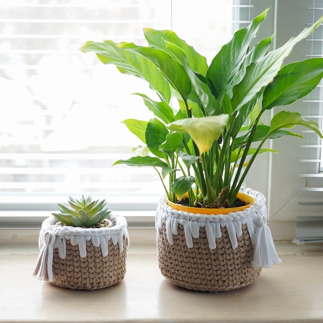 Crocheted Knitted Basket Crochet Plant Basket Crochet Flower Pot Knit Storage Basket Set of 2