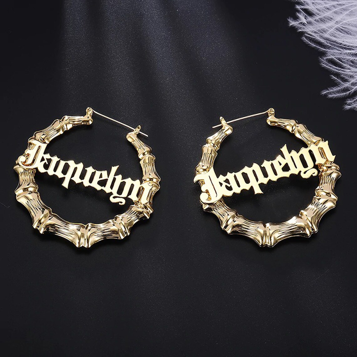 18K Custom Script Bamboo Earrings Custom Gold Earrings Name Etsy