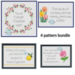 PDF pattern bundle, snarky cross stitch pattern bundle, 4 different PDF patterns, funny stitch patterns, funny birthday gift for best friend