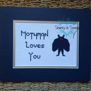 Mothman modern cross stitch, snarky stitch, cryptid art, birthday gift for best friend, gift for coworker, goth cross stitch, Christmas gift