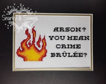 True crime cross stitch, modern cross stitch, crime brulee stitch, birthday gift for true crime fan, gift for best friend, funny stitch